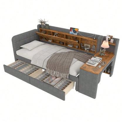 Daybett, 90*200cm, Tagesbett, Schlafsofa, mit 2 Schubladen, Schreibtisch, USB + Typ C, Flip Top Aufbewahrungsfach, Ablagefach, Bett mit Lattenrost (ohne Matratze),  Leinen, grau