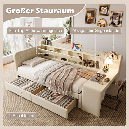 Daybett, 90*200cm, Tagesbett, Schlafsofa, mit 2 Schubladen, Schreibtisch, USB + Typ C, Flip Top Aufbewahrungsfach, Ablagefach, Bett mit Lattenrost (ohne Matratze),  Leinen, beige