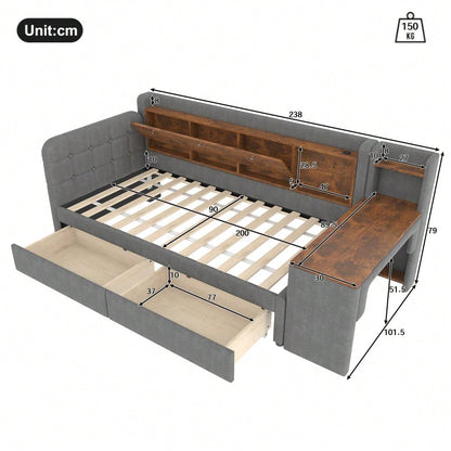 Daybett, 90*200cm, Tagesbett, Schlafsofa, mit 2 Schubladen, Schreibtisch, USB + Typ C, Flip Top Aufbewahrungsfach, Ablagefach, Bett mit Lattenrost (ohne Matratze),  Leinen, grau