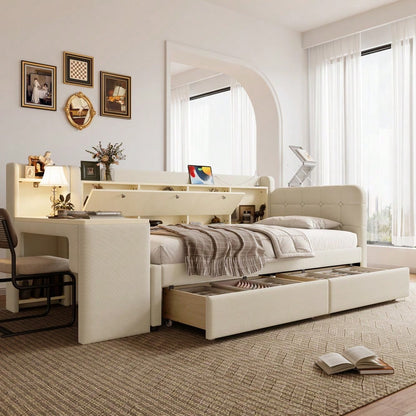 Daybett, 90*200cm, Tagesbett, Schlafsofa, mit 2 Schubladen, Schreibtisch, USB + Typ C, Flip Top Aufbewahrungsfach, Ablagefach, Bett mit Lattenrost (ohne Matratze),  Leinen, beige