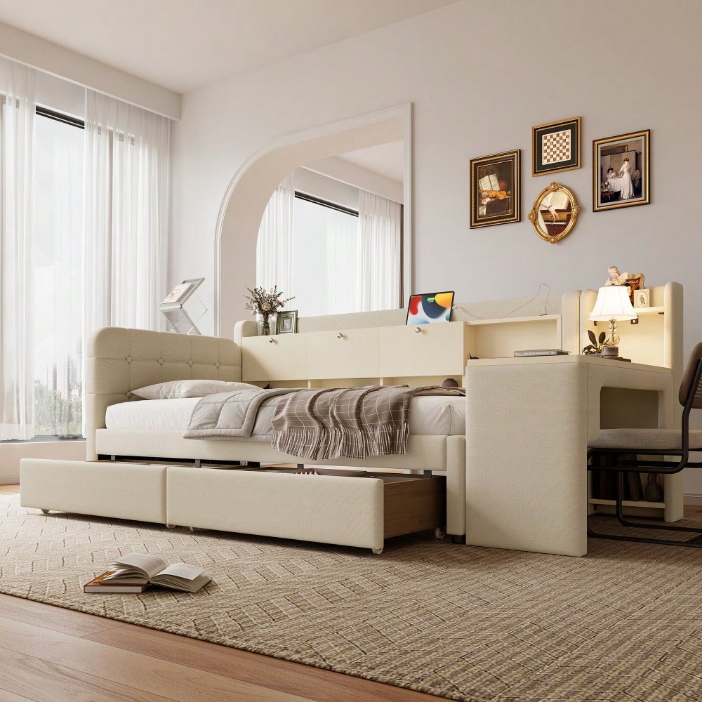 Daybett, 90*200cm, Tagesbett, Schlafsofa, mit 2 Schubladen, Schreibtisch, USB + Typ C, Flip Top Aufbewahrungsfach, Ablagefach, Bett mit Lattenrost (ohne Matratze),  Leinen, beige