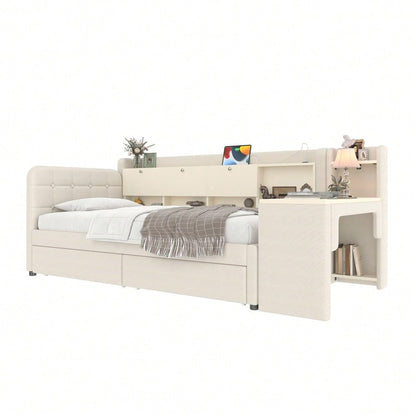 Daybett, 90*200cm, Tagesbett, Schlafsofa, mit 2 Schubladen, Schreibtisch, USB + Typ C, Flip Top Aufbewahrungsfach, Ablagefach, Bett mit Lattenrost (ohne Matratze),  Leinen, beige