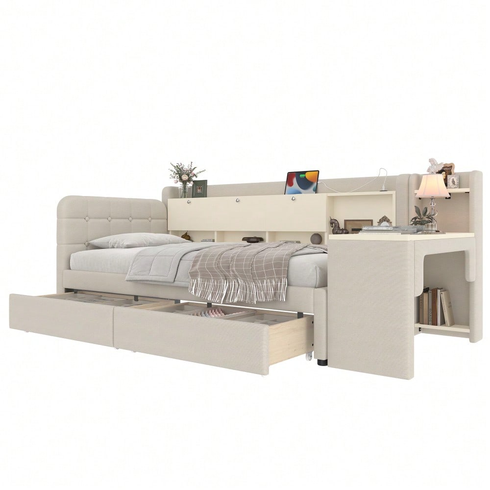 Daybett, 90*200cm, Tagesbett, Schlafsofa, mit 2 Schubladen, Schreibtisch, USB + Typ C, Flip Top Aufbewahrungsfach, Ablagefach, Bett mit Lattenrost (ohne Matratze),  Leinen, beige