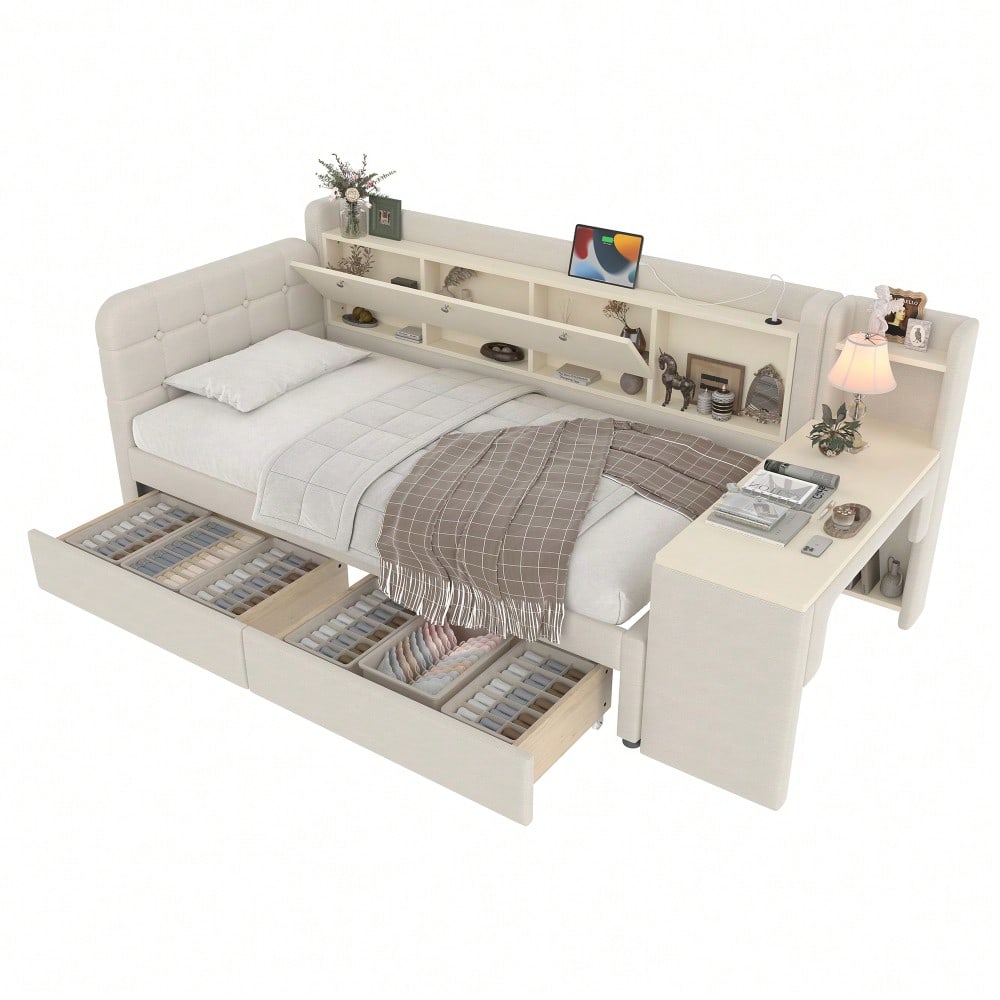 Daybett, 90*200cm, Tagesbett, Schlafsofa, mit 2 Schubladen, Schreibtisch, USB + Typ C, Flip Top Aufbewahrungsfach, Ablagefach, Bett mit Lattenrost (ohne Matratze),  Leinen, beige