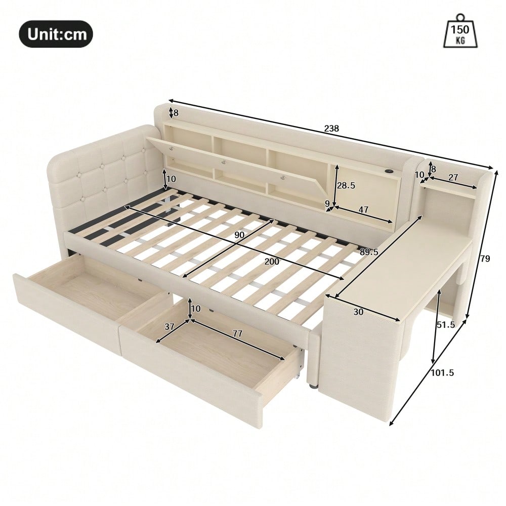 Daybett, 90*200cm, Tagesbett, Schlafsofa, mit 2 Schubladen, Schreibtisch, USB + Typ C, Flip Top Aufbewahrungsfach, Ablagefach, Bett mit Lattenrost (ohne Matratze),  Leinen, beige