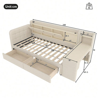 Daybett, 90*200cm, Tagesbett, Schlafsofa, mit 2 Schubladen, Schreibtisch, USB + Typ C, Flip Top Aufbewahrungsfach, Ablagefach, Bett mit Lattenrost (ohne Matratze),  Leinen, beige