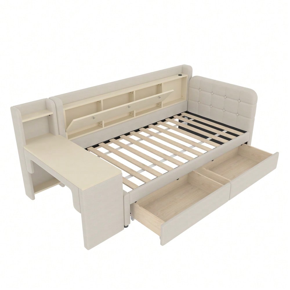 Daybett, 90*200cm, Tagesbett, Schlafsofa, mit 2 Schubladen, Schreibtisch, USB + Typ C, Flip Top Aufbewahrungsfach, Ablagefach, Bett mit Lattenrost (ohne Matratze),  Leinen, beige