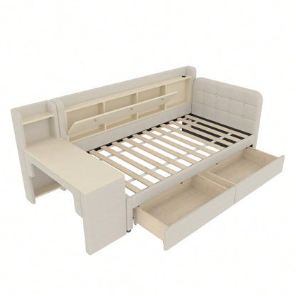 Daybett, 90*200cm, Tagesbett, Schlafsofa, mit 2 Schubladen, Schreibtisch, USB + Typ C, Flip Top Aufbewahrungsfach, Ablagefach, Bett mit Lattenrost (ohne Matratze),  Leinen, beige