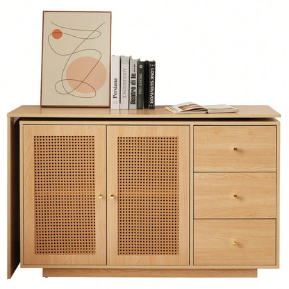 Schreibtisch, L-förmiger Ecktisch, Computertisch mit Rattantüren, Frisiertisch, weiß 126 cm