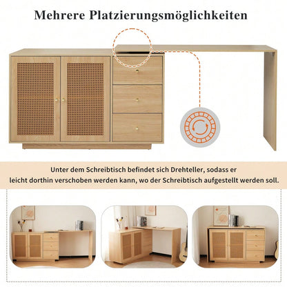 Schreibtisch, L-förmiger Ecktisch, Computertisch mit Rattantüren, Frisiertisch, weiß 126 cm