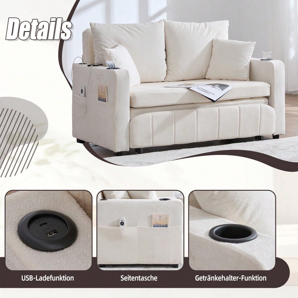 Multifunktionales Stoffsofa Klappbares Ausziehsofa Kleines Wohnzimmersofa mit zwei Funktionen Abnehmbar und waschbar Mit Aufbewahrungstasche Mit USB-Ladefunktion Mit Becherhalter