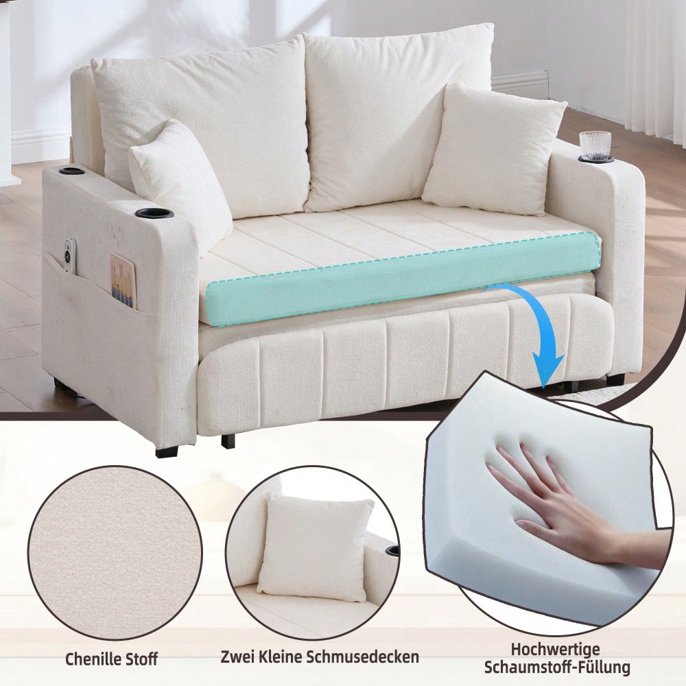 Multifunktionales Stoffsofa Klappbares Ausziehsofa Kleines Wohnzimmersofa mit zwei Funktionen Abnehmbar und waschbar Mit Aufbewahrungstasche Mit USB-Ladefunktion Mit Becherhalter
