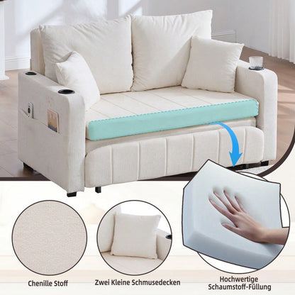 Multifunktionales Stoffsofa Klappbares Ausziehsofa Kleines Wohnzimmersofa mit zwei Funktionen Abnehmbar und waschbar Mit Aufbewahrungstasche Mit USB-Ladefunktion Mit Becherhalter