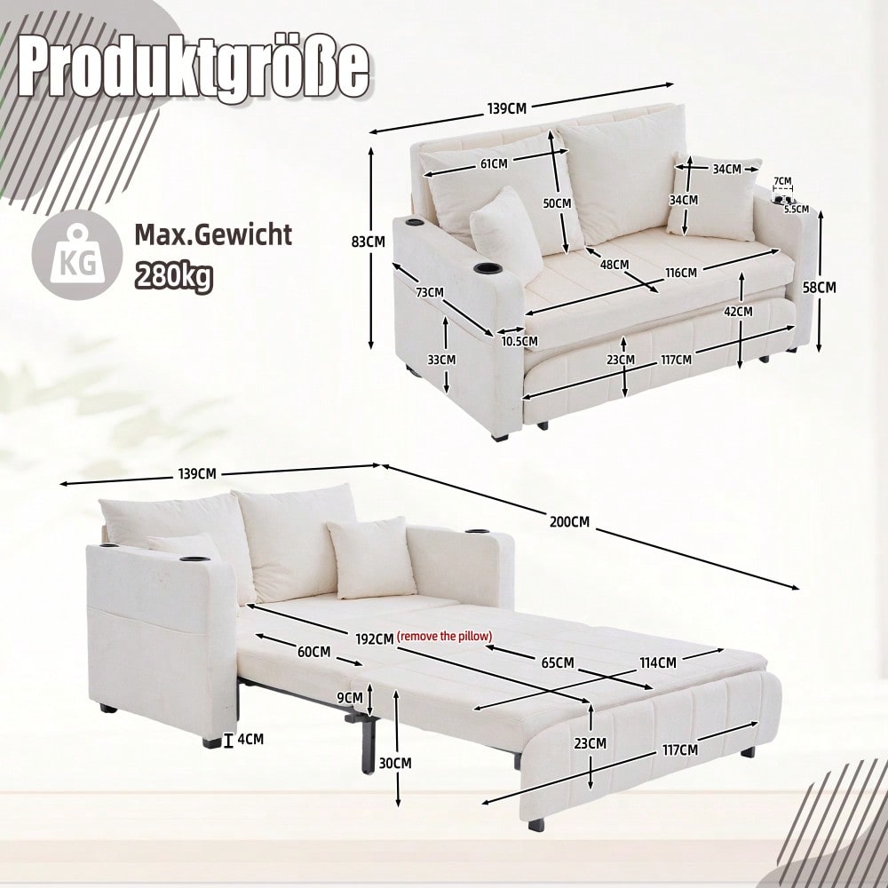 Multifunktionales Stoffsofa Klappbares Ausziehsofa Kleines Wohnzimmersofa mit zwei Funktionen Abnehmbar und waschbar Mit Aufbewahrungstasche Mit USB-Ladefunktion Mit Becherhalter