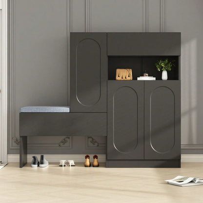 Trendiger 2-in-1 Schuhschrank mit gewölbten Türen – Klapptür mit Soft-Close-Funktion, höhenverstellbaren Fächern und gepolsterter Sitzbank, Schwarz, 130×35×110cm