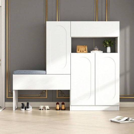 Trendiger 2-in-1 Schuhschrank mit gewölbten Türen – Klapptür mit Soft-Close-Funktion, höhenverstellbaren Fächern und gepolsterter Sitzbank,Weiß,130×35×110cm