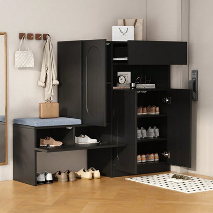 Trendiger 2-in-1 Schuhschrank mit gewölbten Türen – Klapptür mit Soft-Close-Funktion, höhenverstellbaren Fächern und gepolsterter Sitzbank, Schwarz, 130×35×110cm
