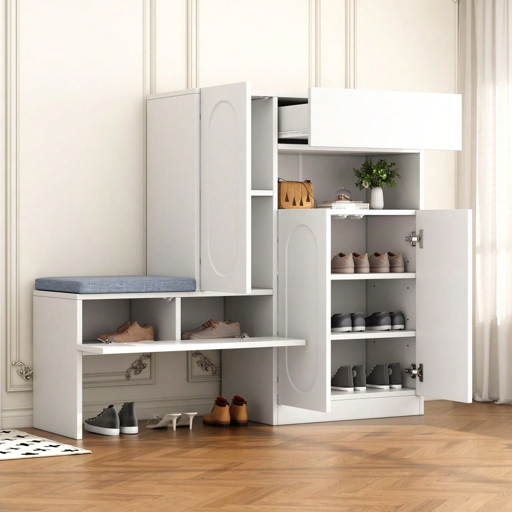 Trendiger 2-in-1 Schuhschrank mit gewölbten Türen – Klapptür mit Soft-Close-Funktion, höhenverstellbaren Fächern und gepolsterter Sitzbank,Weiß,130×35×110cm