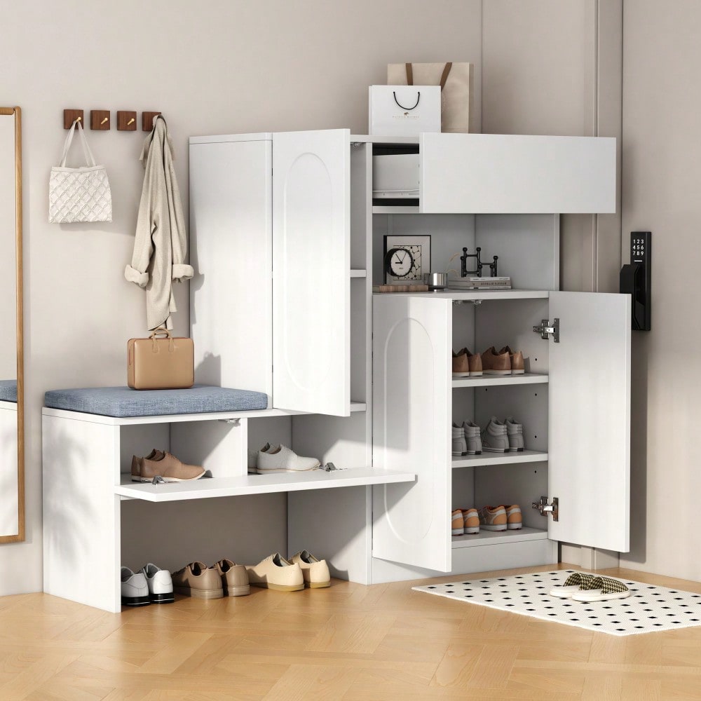 Trendiger 2-in-1 Schuhschrank mit gewölbten Türen – Klapptür mit Soft-Close-Funktion, höhenverstellbaren Fächern und gepolsterter Sitzbank,Weiß,130×35×110cm