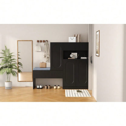 Trendiger 2-in-1 Schuhschrank mit gewölbten Türen – Klapptür mit Soft-Close-Funktion, höhenverstellbaren Fächern und gepolsterter Sitzbank, Schwarz, 130×35×110cm