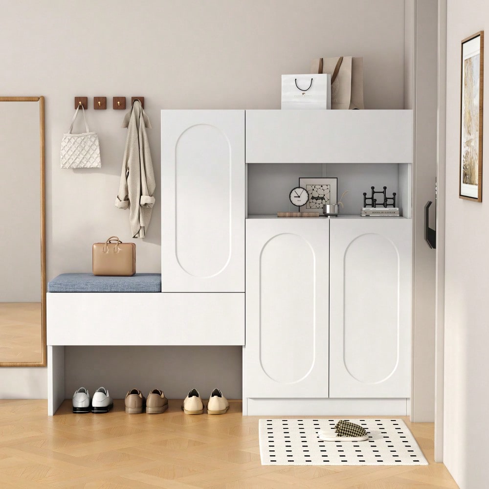 Trendiger 2-in-1 Schuhschrank mit gewölbten Türen – Klapptür mit Soft-Close-Funktion, höhenverstellbaren Fächern und gepolsterter Sitzbank,Weiß,130×35×110cm
