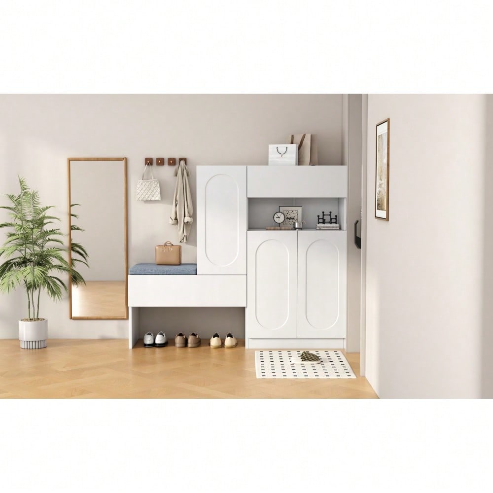 Trendiger 2-in-1 Schuhschrank mit gewölbten Türen – Klapptür mit Soft-Close-Funktion, höhenverstellbaren Fächern und gepolsterter Sitzbank,Weiß,130×35×110cm