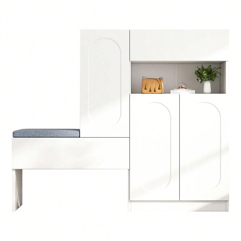 Trendiger 2-in-1 Schuhschrank mit gewölbten Türen – Klapptür mit Soft-Close-Funktion, höhenverstellbaren Fächern und gepolsterter Sitzbank,Weiß,130×35×110cm