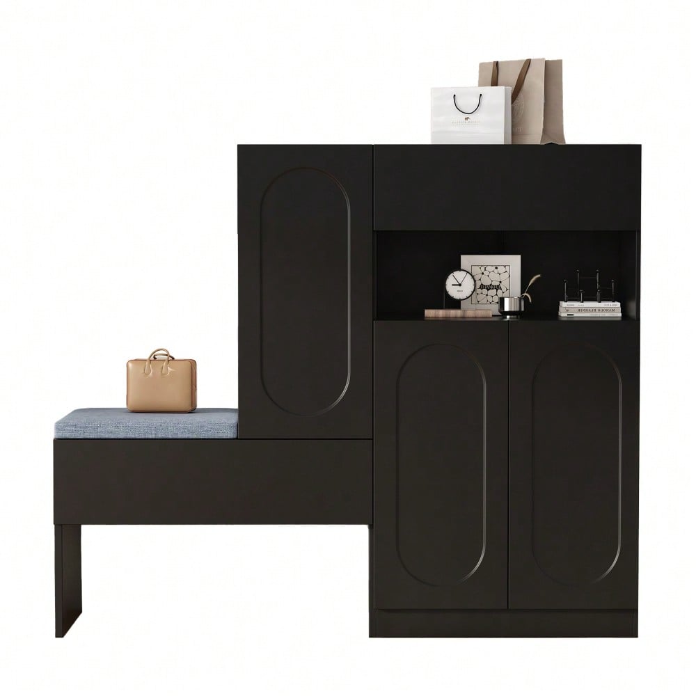 Trendiger 2-in-1 Schuhschrank mit gewölbten Türen – Klapptür mit Soft-Close-Funktion, höhenverstellbaren Fächern und gepolsterter Sitzbank, Schwarz, 130×35×110cm