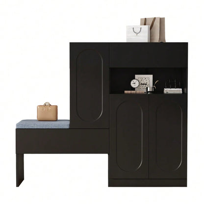 Trendiger 2-in-1 Schuhschrank mit gewölbten Türen – Klapptür mit Soft-Close-Funktion, höhenverstellbaren Fächern und gepolsterter Sitzbank, Schwarz, 130×35×110cm