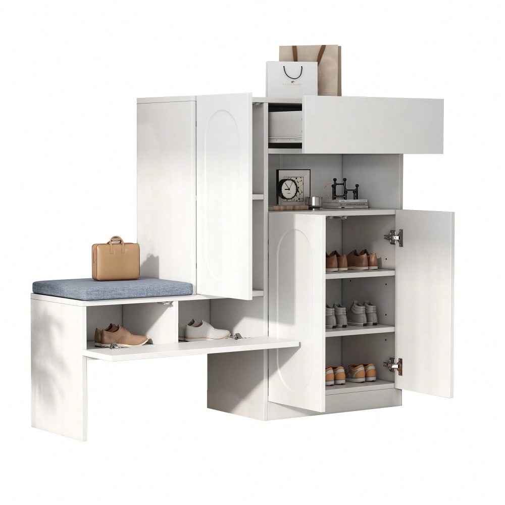 Trendiger 2-in-1 Schuhschrank mit gewölbten Türen – Klapptür mit Soft-Close-Funktion, höhenverstellbaren Fächern und gepolsterter Sitzbank,Weiß,130×35×110cm