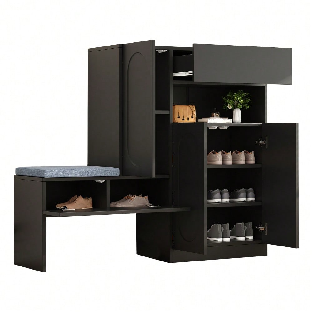 Trendiger 2-in-1 Schuhschrank mit gewölbten Türen – Klapptür mit Soft-Close-Funktion, höhenverstellbaren Fächern und gepolsterter Sitzbank, Schwarz, 130×35×110cm