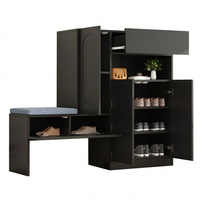 Trendiger 2-in-1 Schuhschrank mit gewölbten Türen – Klapptür mit Soft-Close-Funktion, höhenverstellbaren Fächern und gepolsterter Sitzbank, Schwarz, 130×35×110cm