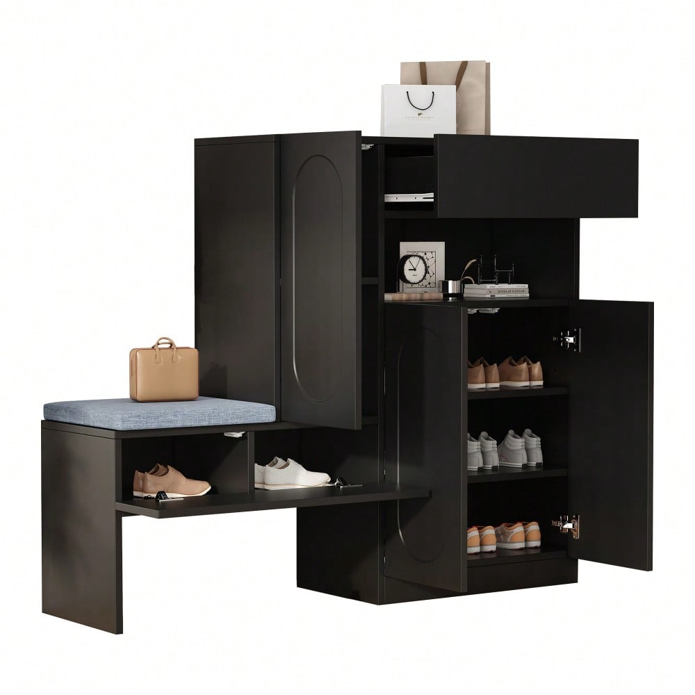 Trendiger 2-in-1 Schuhschrank mit gewölbten Türen – Klapptür mit Soft-Close-Funktion, höhenverstellbaren Fächern und gepolsterter Sitzbank, Schwarz, 130×35×110cm