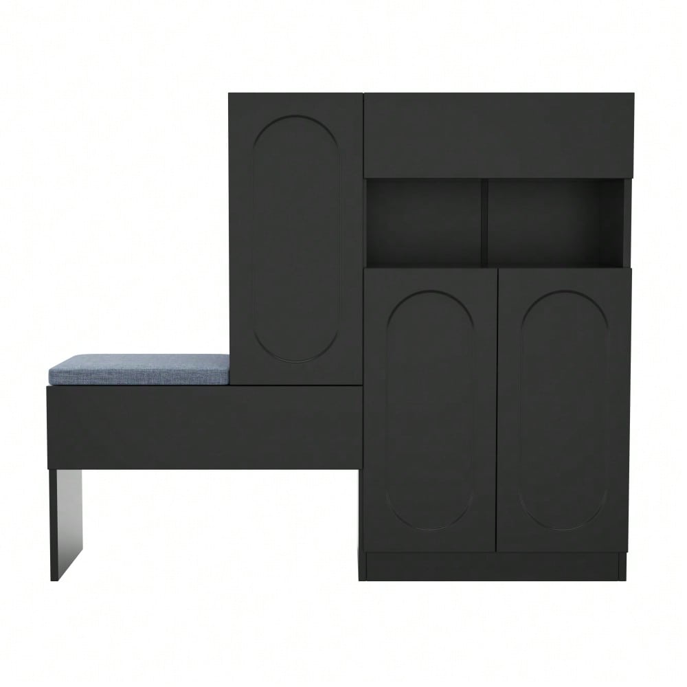 Trendiger 2-in-1 Schuhschrank mit gewölbten Türen – Klapptür mit Soft-Close-Funktion, höhenverstellbaren Fächern und gepolsterter Sitzbank, Schwarz, 130×35×110cm