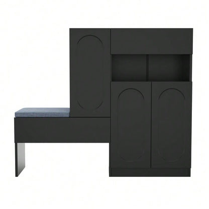 Trendiger 2-in-1 Schuhschrank mit gewölbten Türen – Klapptür mit Soft-Close-Funktion, höhenverstellbaren Fächern und gepolsterter Sitzbank, Schwarz, 130×35×110cm