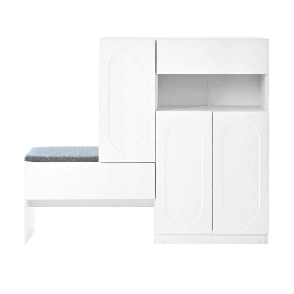 Trendiger 2-in-1 Schuhschrank mit gewölbten Türen – Klapptür mit Soft-Close-Funktion, höhenverstellbaren Fächern und gepolsterter Sitzbank,Weiß,130×35×110cm