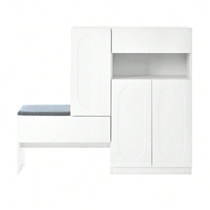 Trendiger 2-in-1 Schuhschrank mit gewölbten Türen – Klapptür mit Soft-Close-Funktion, höhenverstellbaren Fächern und gepolsterter Sitzbank,Weiß,130×35×110cm