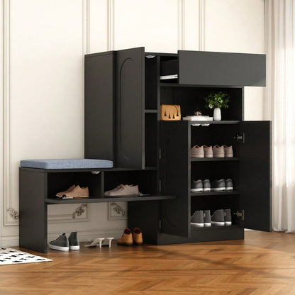 Trendiger 2-in-1 Schuhschrank mit gewölbten Türen – Klapptür mit Soft-Close-Funktion, höhenverstellbaren Fächern und gepolsterter Sitzbank, Schwarz, 130×35×110cm