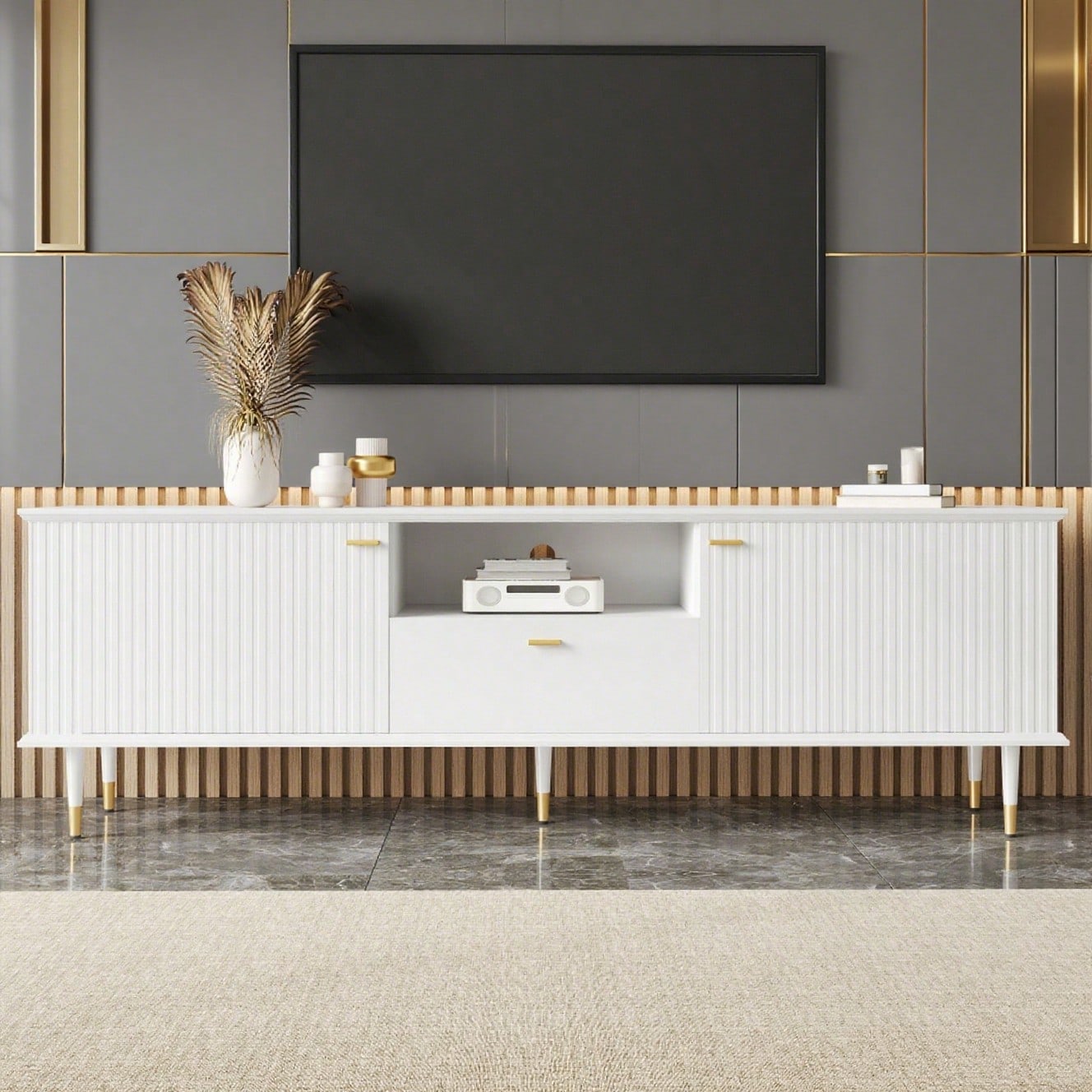 TV-Schrank mit offenen Fächern und Schubladen, lackierte Strukturoberfläche, Soft-Close-Scharniere
