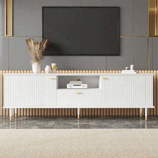 TV-Schrank mit offenen Fächern und Schubladen, lackierte Strukturoberfläche, Soft-Close-Scharniere