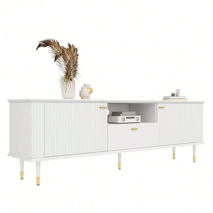 TV-Schrank mit offenen Fächern und Schubladen, lackierte Strukturoberfläche, Soft-Close-Scharniere