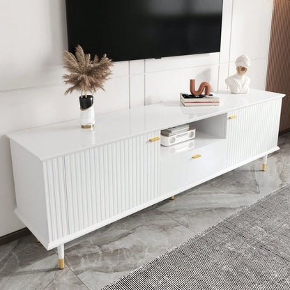 TV-Schrank mit offenen Fächern und Schubladen, lackierte Strukturoberfläche, Soft-Close-Scharniere