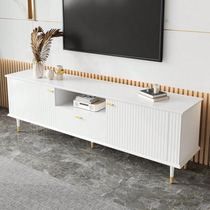 TV-Schrank mit offenen Fächern und Schubladen, lackierte Strukturoberfläche, Soft-Close-Scharniere