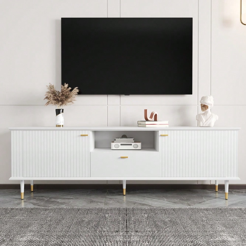 TV-Schrank mit offenen Fächern und Schubladen, lackierte Strukturoberfläche, Soft-Close-Scharniere