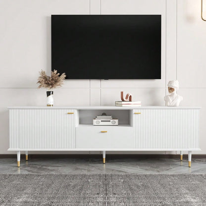 TV-Schrank mit offenen Fächern und Schubladen, lackierte Strukturoberfläche, Soft-Close-Scharniere