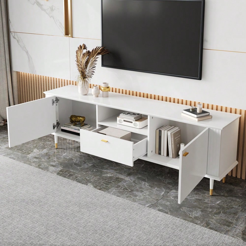 TV-Schrank mit offenen Fächern und Schubladen, lackierte Strukturoberfläche, Soft-Close-Scharniere