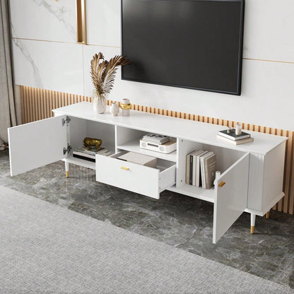 TV-Schrank mit offenen Fächern und Schubladen, lackierte Strukturoberfläche, Soft-Close-Scharniere