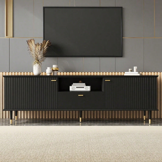 TV-Schrank mit offenen Fächern und Schubladen, lackierte Strukturoberfläche, Soft-Close-Scharniere