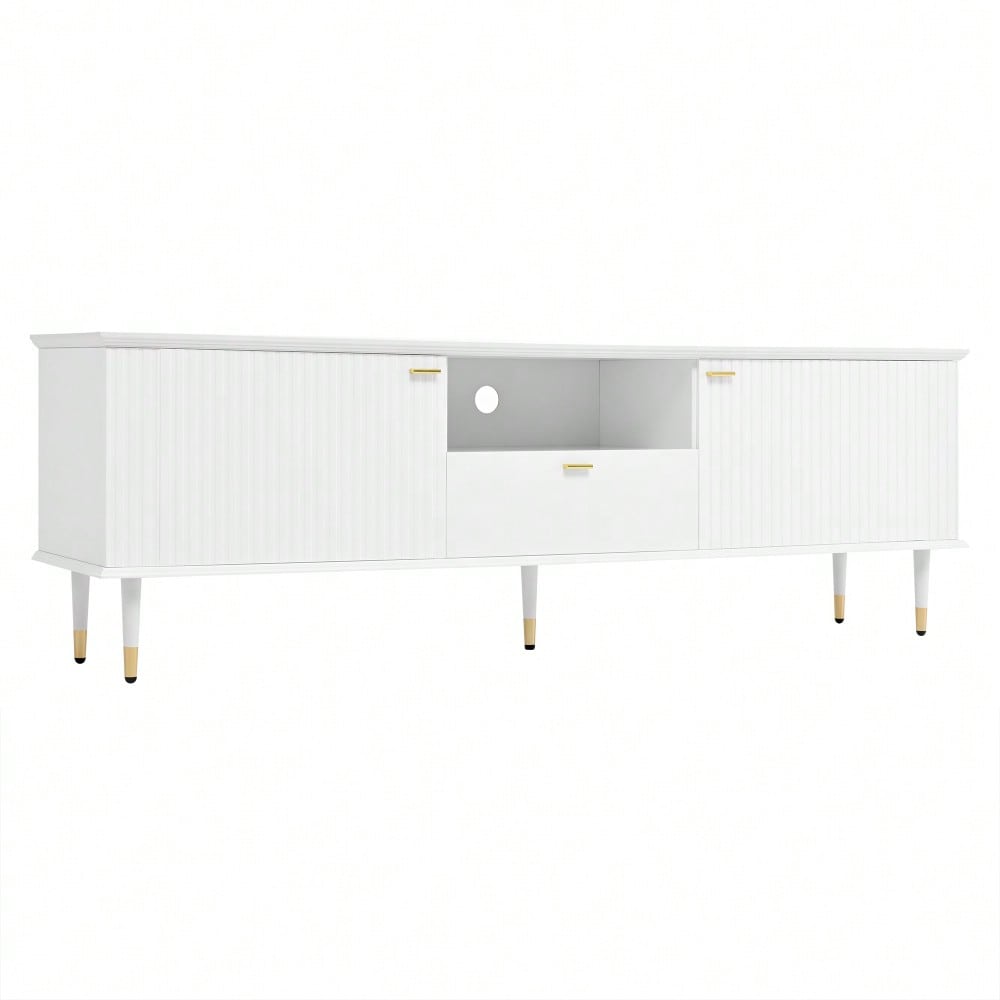 TV-Schrank mit offenen Fächern und Schubladen, lackierte Strukturoberfläche, Soft-Close-Scharniere