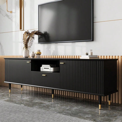 TV-Schrank mit offenen Fächern und Schubladen, lackierte Strukturoberfläche, Soft-Close-Scharniere
